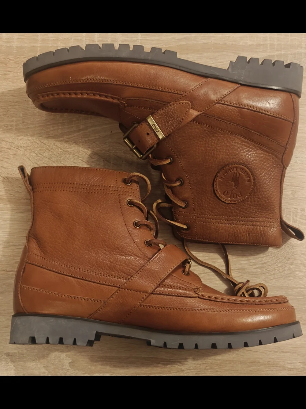 Mens 11.5 Polo Ralph Lauren Ranger Boots brown tan high leather strap shoes logo